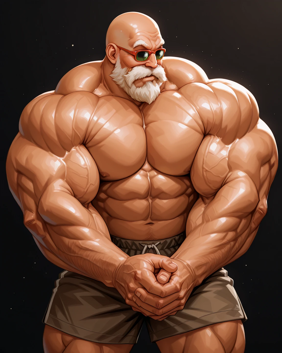 Wide medium shots, ground level camera shot, (best quality,4k,8k,highres,masterpiece:1.2),ultra-detailed,(realistic,photorealistic,photo-realistic:1.37),((massive muscular)) ((huge Muscular)) old man standing in photo studio, simple background, shorts , white hair, super thick arms, super big pectoral, super wide pectoral, topless, shirtless.