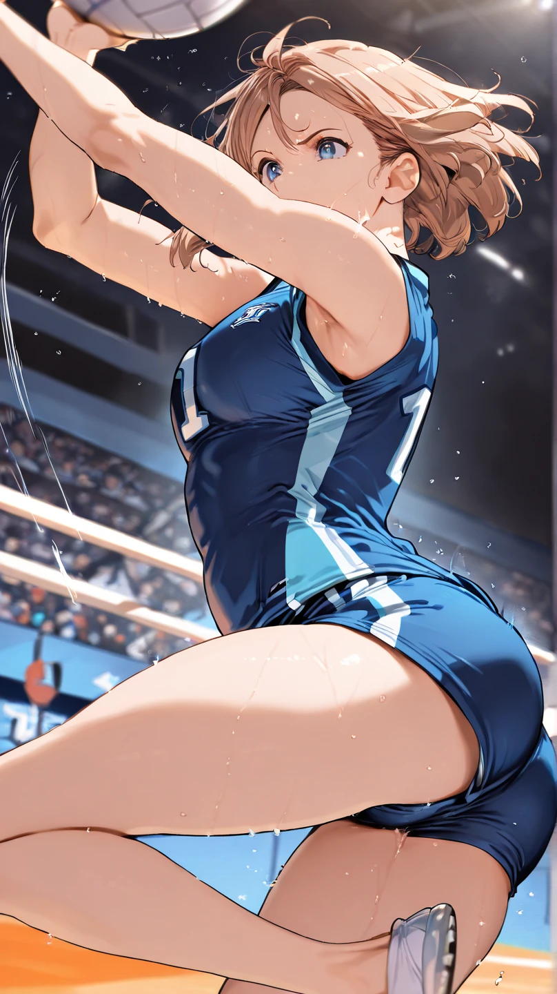 (Highest quality:1.5, High resolution, uhd, 4K, Detailed lighting, Shaders), ((Kugisaki Nobara)) ,solo short hair Brown Hair Brown eyes Cool face ((Volleyball Uniforms))++ Realistic gym Sweat Super oily skin Preparing for exercise No ball No sleeve Cowboy Shot Beautiful ass Side angle
