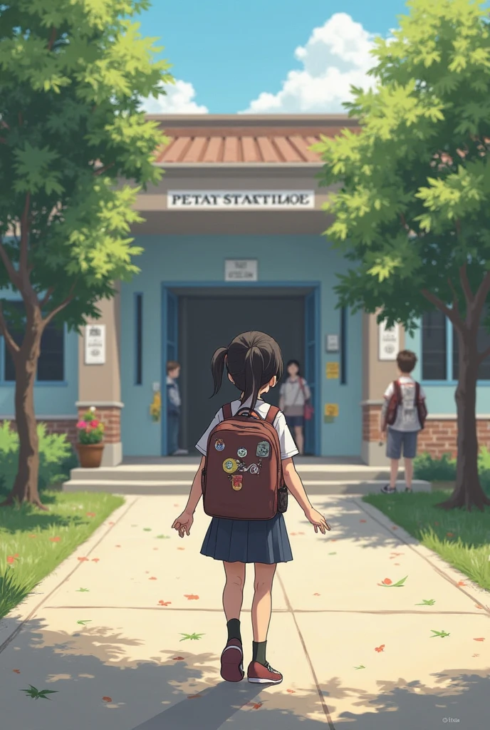 A beautiful girl wearing a pink headscarf and carrying a pink backpack walks to school