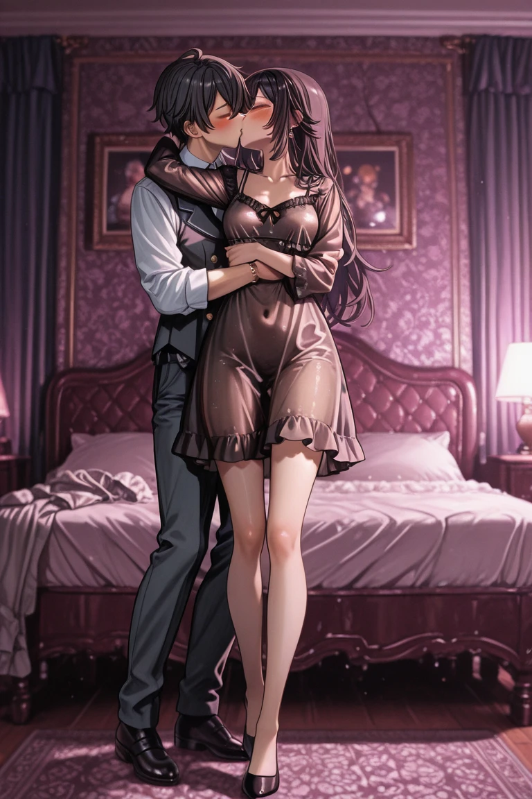 highest quality、4K quality、Man sleeps in bed、Woman rides on top of man、a man puts his hand inside a woman's clothes、sexual intercourse、The woman is slender、