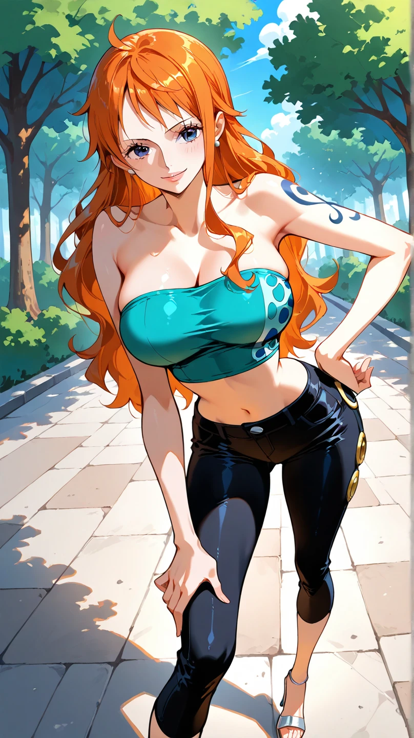 a cartoon picture of a woman in a bikini top and jeans, nami one piece, nami from one piece, nami, beautiful portrait of nami, from one piece, oppai, blue eyes, smoking, ponytail
