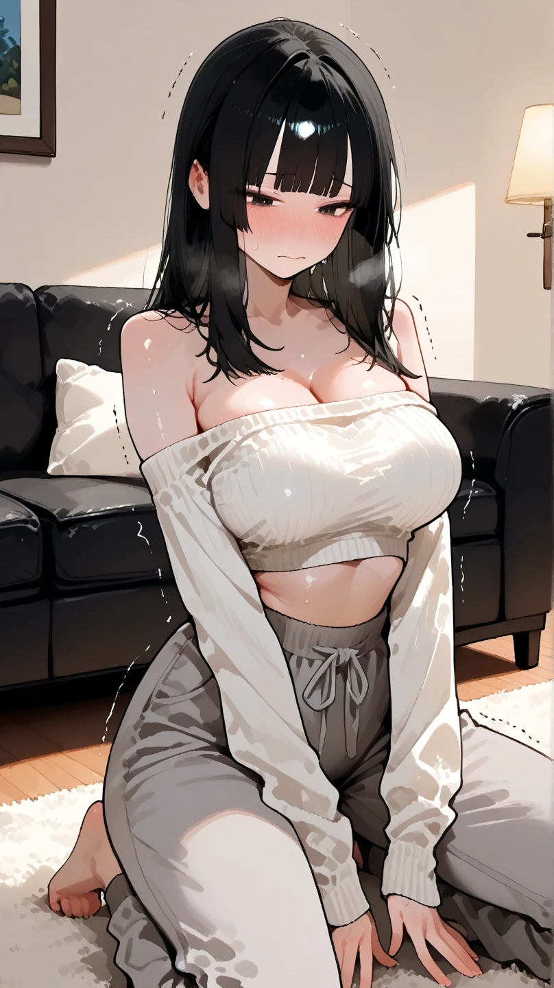 (Modern house interior/), Only one woman, Mature Woman, /(blue ribbed Sweater/), bangs, Black Hair、Bobcut、A gentle, blushing smile, (Masterpiece Top quality:1.2) Delicate illustrations, Very detailed, Large Breasts、No bra、、((Sweat,vapor,Vulgarity))、Tight sweater、Lie face down on the sofa、Purple panties