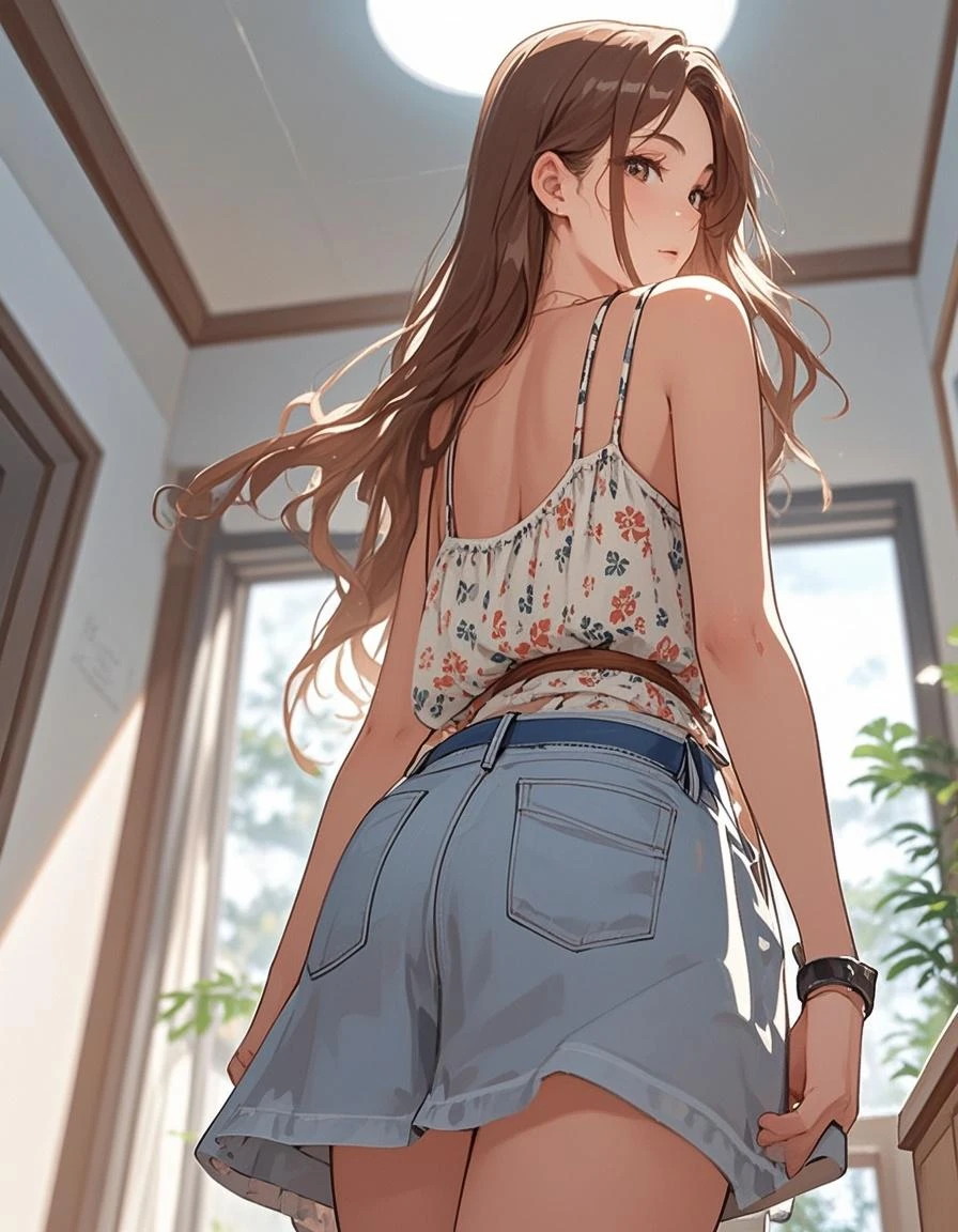 (highest resolution, distinct_image) best quality, woman, masterpiece, highly detailed, semi-realistic, 21 years old, cute, young, beautiful, interior, modern bedroom, window, wake up, morning, blush, thick thighs, wide hips, thin waist, tall, coral, (sweat: 1.2), (wet), sexy, blush, wear shorts, shorts, yoga pants, denim shorts, short skirt