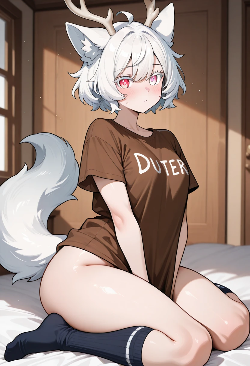 (score_9,score_8_consolation,score_7_consolation),1 woman,cat girl,white hair,pink eyes eyes,cat ears,cat tail ,beautiful_face,medium sized breasts, medium sized hips, attractive body, Short sleeves that reveal the waist line, Short sleeves that expose the stomach, exposed thighs, short pants, 16-year-old girl, deep blush, 살짝 웃는 face, snood, wet pussy, between wet crotches, protruding nipples
