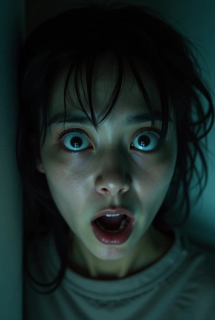 A sudden close-up of the girl’s surprised face as she’s pulled into the dark eerie laundry room. The background is blurred, emphasizing her shock.