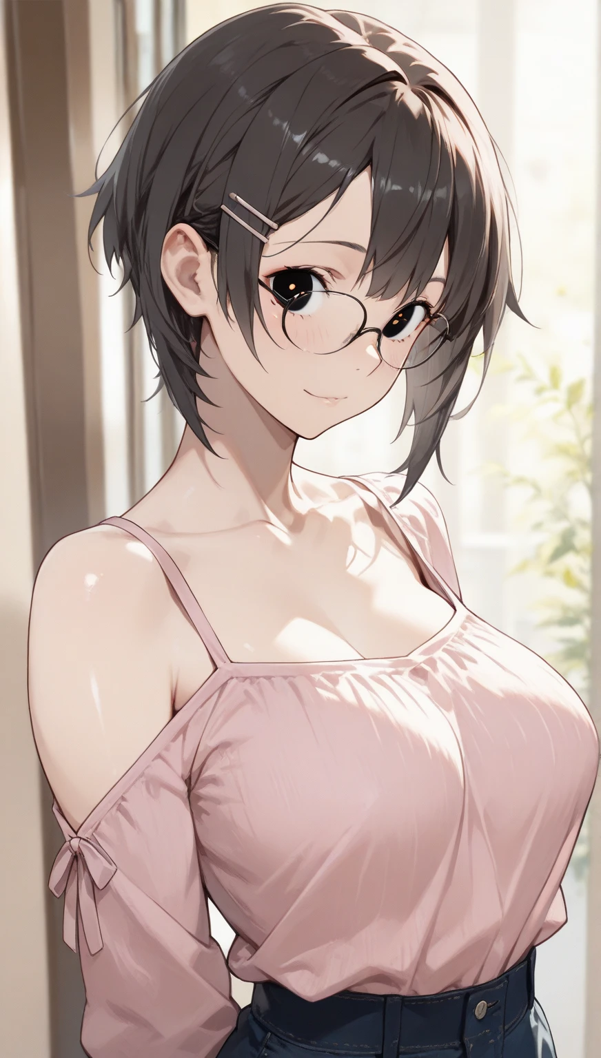 (best quality, high resolution, UHD, RTX, pixel perfect, depth of field, 4k), highly detailed, beautiful anime girls, beautiful art style, 1 girl, solo, short hair, open bangs, middle hair bangs part, dark red hair, glasses, (black eyes:1.4), (round eyes), (beautiful eyelashes), (realistic eyes), (detailed face), (blush:1.2), (fine texture:0.75), (realistic texture:0.65), (photorealistic:1.1), CG anime style, bright color, extra large breasts, cleavage, busty, (dynamic angle), perfect body, POV, dynamic pose, looking at the viewer, fashionable handbag, 1 diamond necklace, hoop earrings, shy smile, tsundere, mall, stand, (sweaty), full of sweat,(armpits), ( sexy lingerie), braless, black thighs socks, 45 years old woman, full body view, seamless panties, wet body, shiny, full of sweat, hard nipples, big thighs, close up armpits , topless, showing breasts, exposed tits, nipple, nfsw