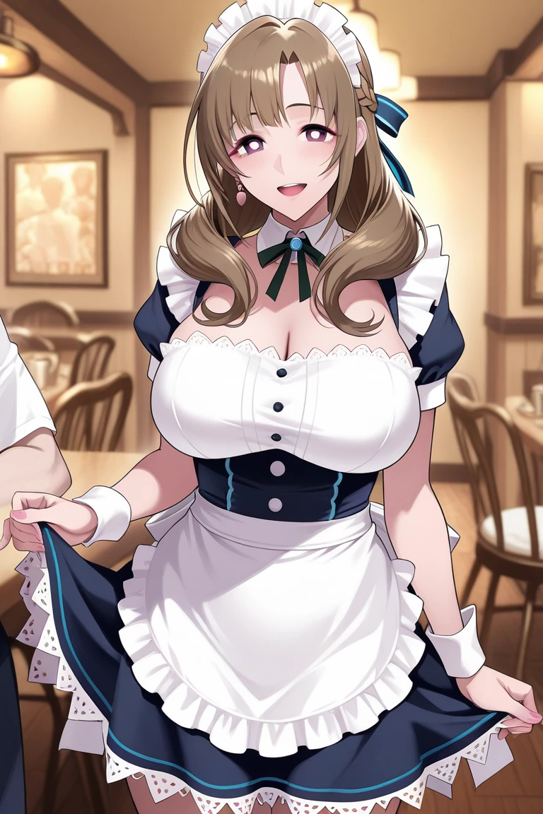 Rice Shower (Uma Musume), 1 girl, solo, long hair, breasts, huge breasts, (huge breasts: 1.8), looking at viewer, blushing, brown hair, knee-high socks, hat, ribbon, belly button, hugging, animal ears, bare shoulders, purple eyes, tail, flower, small breasts, black knee-high socks, indoors, bow tie, hair over one eye, front zipper leotard, cups, wrist cuffs, detachable collar, rose, Playboy Bunny, horse ears, horse girl, horse tail, blue hat, tray, blue flower, flower on hat, blue leotard, hugging tray, front zipper open, front zipper open to stomach