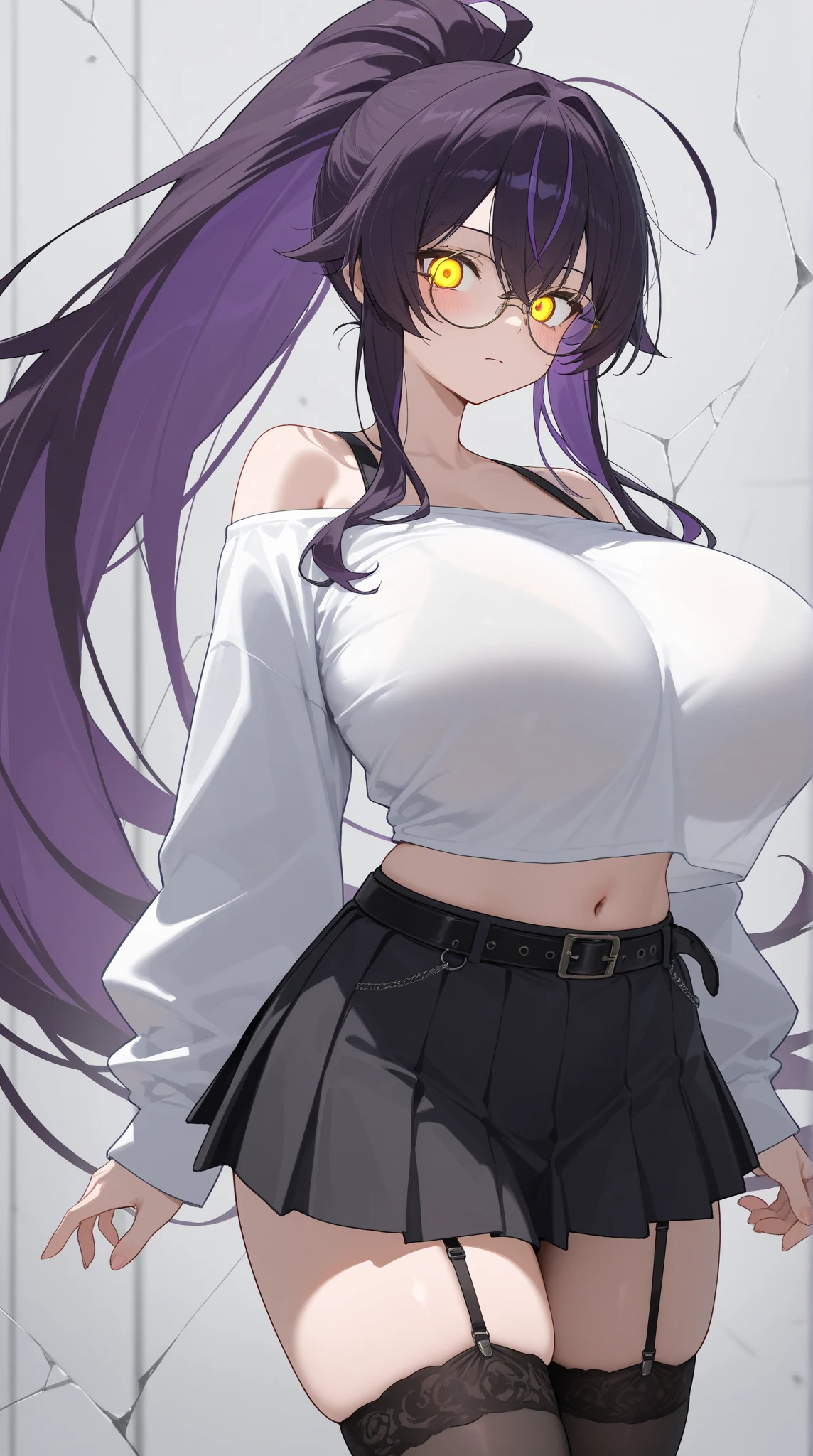 Breasts, witch, purple hair, blue eyes, long hair, witch hat, shadows, darkness, dark, magic, smile, smug, shirt, pants, wide hips, black clothes, black hat