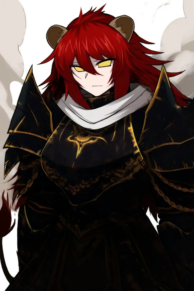 (masterpiece, best quality, high quality), 1young man, golden armor, king, dominant, sitting, looking at the viewer, red hair, (long hair), yellow eyes, hair ponytail, black and red clothes, ((blood)), sinister background, crazy smile, evil