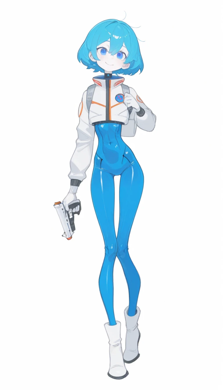a female character stand on the white floor, chemistry factory background, <lora:ApexLegends_64-000020:1>