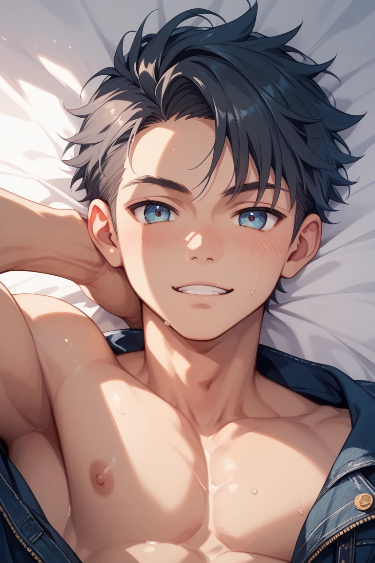 Satorou Gojo sitting on his bed, egocentric look, naked, member in the air, fully erect, wet penis, muscular, short hair on the sides, long hair up, by white, bright blue eyes, perfect light, focus on your penis, perfect penis, depilated, perverted look, smile showing your teeth