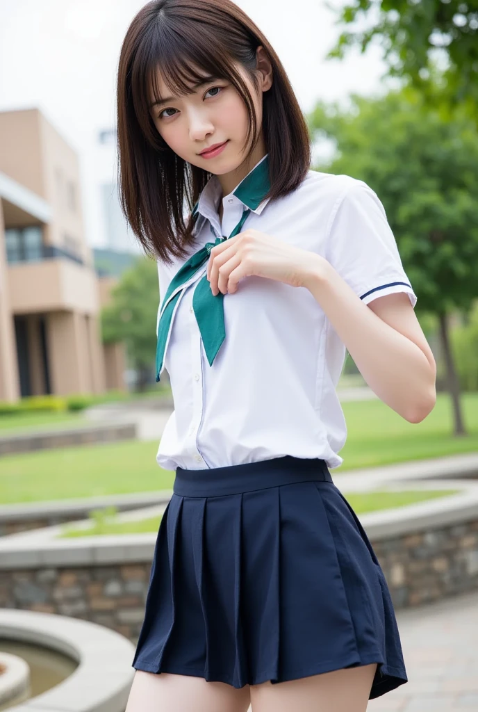 8K, highest quality, realism, exquisite details, Super detailed, ultra high resolution, depth field,(that'realistic,reality:1.2),pieces fly, 0.25 :: close the anus , straight on shot , From the middle , 1 girl, you have a body_Chan, very beautiful 17 year old girl, innocent big eyes, (Brown_short story_hairy pussy), (green_The eyes:1.0),(bangs),messy hair,(Riman), perfect shiny skin, perfect skin, Fair skin, Glossy skin, Big breasts that are about to burst, have cleavage, tight waist, light blush, alone, looking at the viewer, light smile, chubby under clothes, dripping sweat, wear ((School_uniform), (slutty white person_skirt),(green_length_tie), (green_pleats_skirt), (black background_Panty stocking) :1.2), (sculpture installation :1.1), sunset , Japanese high school ,