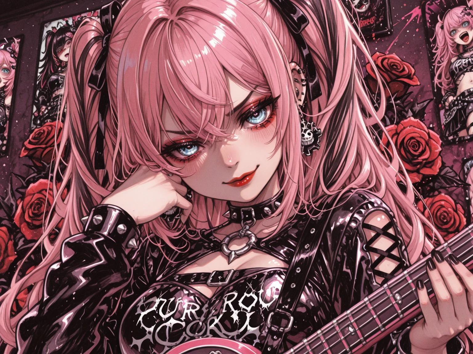 masterpiece, best quality, 1girl, solo, long hair, twin tails, hair buns, neon pink hair,bangs, makeup, black lips, lipstick, mascara, eyeshadow, cross necklace, hair bow, front bow, plaid jacket, sexy, fishnets, black leggings, Emo Punk, dynamic angle, side lighting, shiny skin, detailed eyes, detailed face, water flowing, wind swept hair, glitter , vivid colors