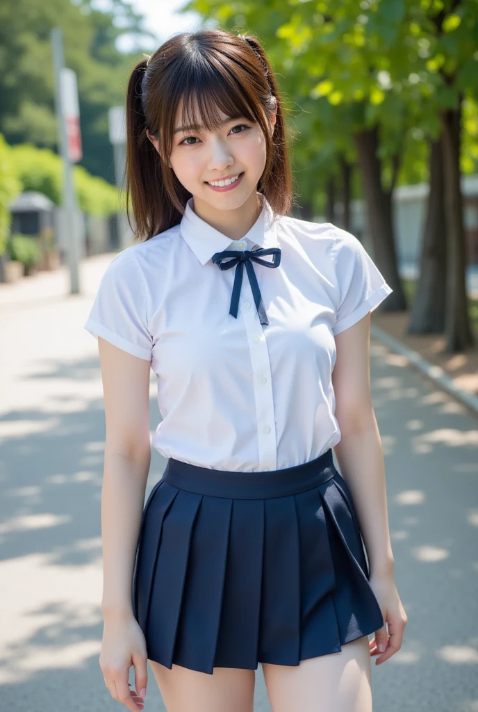 (school uniform:1.5), (photorealistic:1.4), (best quality:1.0), (ultra highres:1.0), 8k, RAW photo, (masterpiece:0.2), ultra-detailed, close short, 1girl, beautiful skin, detailed skin, looking at viewer, full body, (short hair:1), smile, (closed mouth:1)、Panty shot