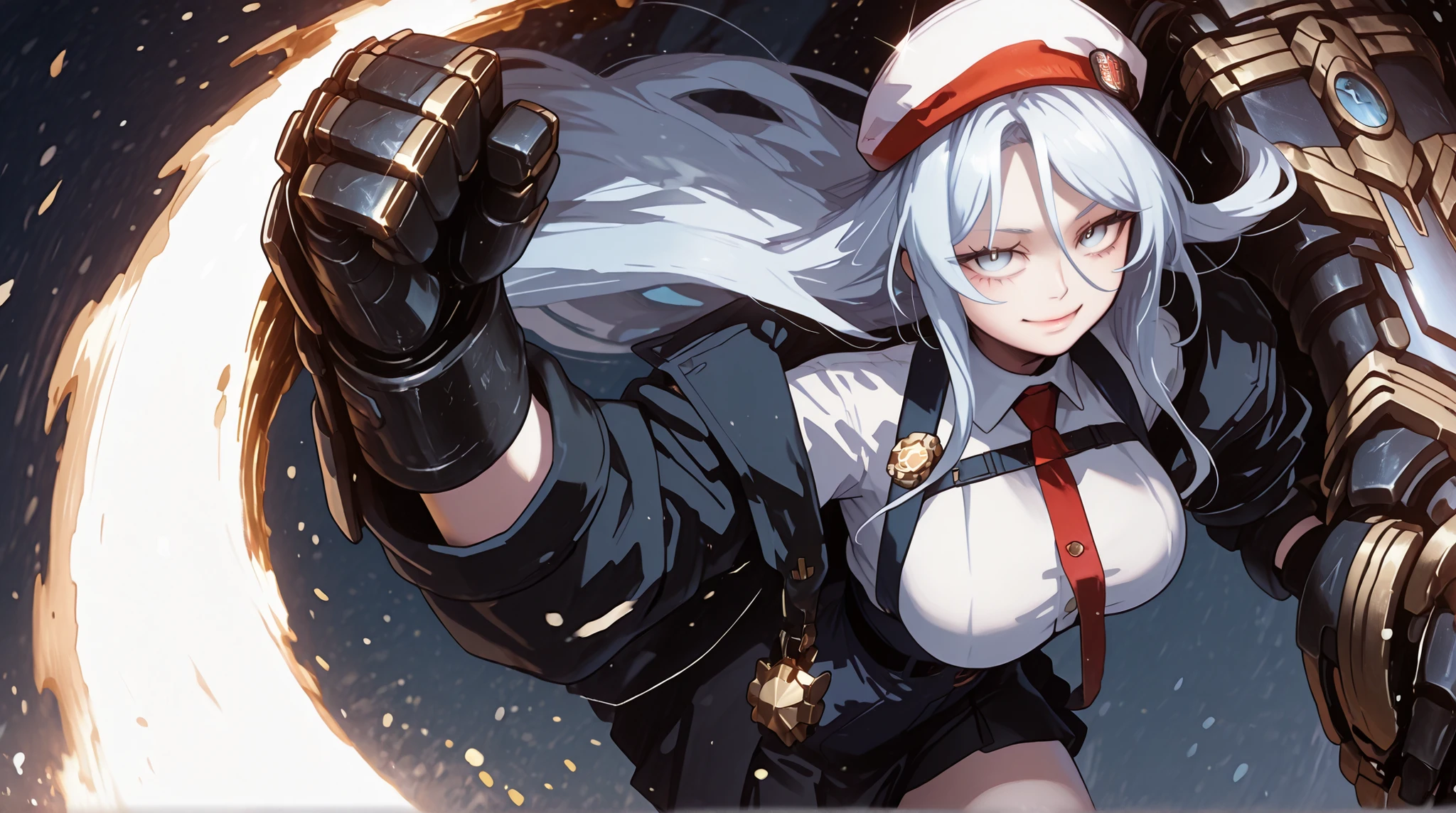 A young female character in her body s, with the same height and body type as Sylpha Langlis from Tensei Shitara Dai Nana Ōji. She has long white hair with a red ribbon on one side of her head, like Sylpha Langlis from Tensei Shitara Dai Nana Ōji, and the exact facial features of Sylpha Langlis from Tensei Shitara Dai Nana Ōji, silver-blue eyes, but with a provocative, confident smile. She wears a black military uniform with a black skirt, This uniform is very detailed, with gold medals and symbols, a red tie, and a red military badge on top of her head tilted slightly to the side. Her right arm is wrapped in a gigantic gauntlet, making it appear as if she has a giant arm much larger than her body, This gauntlet has a futuristic cyberpunk-style design and predominantly black colors with gold accents. Her pose is bold and confrontational, facing directly at the viewer with her head slightly tilted, shoulders back, and an expression full of confidence, red eyes, giant gauntlet on her right hand, large breasts and butt, red beret "cap", silver-blue eyes. The overall style should be detailed and colorful, matching the rendering quality, but with a punk feel and a more youthful feminine appearance, red beret "cape" on top of the head tilted slightly to the side, huge black glove much larger than the character's body, similar to Vi's from League of Legends, but much larger (the gauntlet should be larger than the character's entire body), white hair and silver-blue eyes, coat falling down your arms, black coat falling down the arms, shoulders exposed.