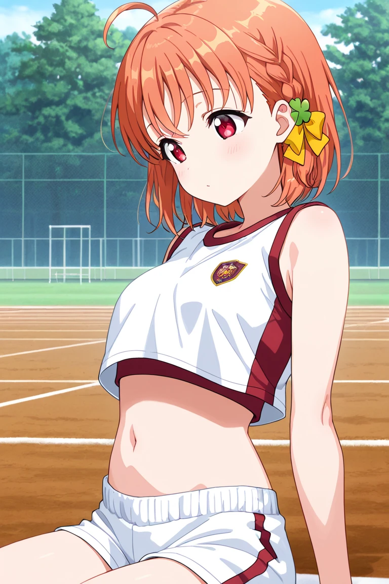 ((Highest quality, High resolution,  Pixel perfect,  4K)),  (Beautiful Anime), Written boundary depth、

Perfect body, 

yuigahama yui, (Big Breasts:1.1)、 Red eyes、 short hair, Single hair bun、

Tennis Wear, (Lift up the skirt:1.5), (white_Panties:1.5)

summer、sunlight、

Tennis court、