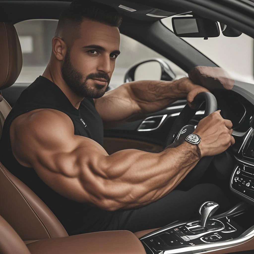 8K,8K resolution,2 Muscular Europeans, handsome man,charming eyes,dark skin,beautiful, smooth and shiny,Full muscles,Thick body hair, (Big bag highlights when wearing,Excellent j8,emphasize,Driving a luxury convertible,The car is full of roses,Two men smiling happily,professional lighting,Professional photography,Realistic photos,realistic model,realistic art,Perfect hand details