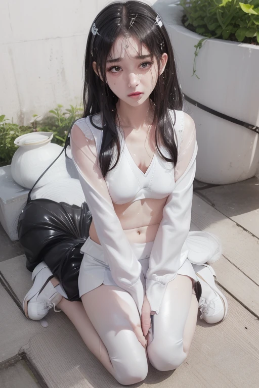 ,((Wearing a torn sheer costume of a superheroine)),(, No bra)), Wet crotch, Wet thighs, Beautiful girl with accentuated slender abs: 1.4, (((nipple tips protruding, areola is protruding, The shape of the pubic region is clearly visible)), sixpack abs: 1.4, Bust Botox, Photo, Sharpness, Unique 850 4, Koda850 k portrait camera, F1.6 shots, Ultra-realistic textures, Spectacular light textures, Cinestil 800 Fashion Mechanics, (futuristic sci-fi battle fashion: 1.1), (tied perfectly by chain), Restraint, Slaves, collars, ((wide prison with sunlight)), Dark fantasy, Realistic material details, extreme hight detail, Ultra-realistic materials ((Torn costume))), Wet, Cloudy, (Chained)), ((big emphasized by chains)), ((chains digging into crotch)), ( (Collar)), (, No bra), shredded costumes, broken golden shields and battle spears,, White combat gloves, Combat shoulder armor, Blood splattered on the face, Blood splattered, Realistic, (Bruises, Dirty, ripped clothing, skimpy clothing, Blood: 1.3),  Torn Cape, Torn pantyhose, Long legs, ((iron pipe in the crotch)), Metallic shackles and fetters, ((chains hung from heaven)), Wet crotch is clearly visible, Swarovski's sword and the anatomy beneath his feet, (futuristic sci-fi battle fashion, Torn mesh stockings),