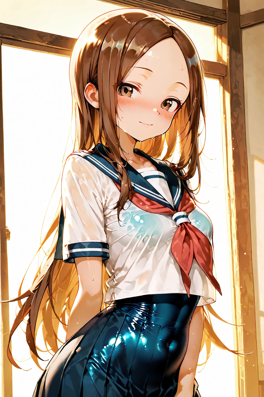 ((masterpiece,Highest quality;1.3,best illustration)),cowboy shot,ass pov,having sex,1woman、20 year old beauty、独奏,((very small head:1.5)),brown hair,long hair,bangs,brown eyes,gorgeous eyes,blush,small breasts,((very long body:1.3)),((toned body,slender body,skinny)),gleaming skin,shiny skin,oily skin,sweat,(school uniform、Sailor suit、mini skirt)、on street,Tokyo、from front,