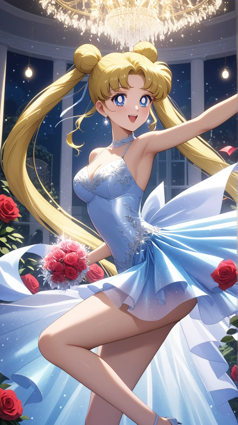 by yoneyama mai by James Gilleard,(1girl,20 years old,mature female),blonde hair,long hair,white dress, sleeveless, bow tie, bare shoulders,smile,cleavage,pantyhose,((white background)), aesthetic, detailed, beautiful color amazing quality, best quality, high quality