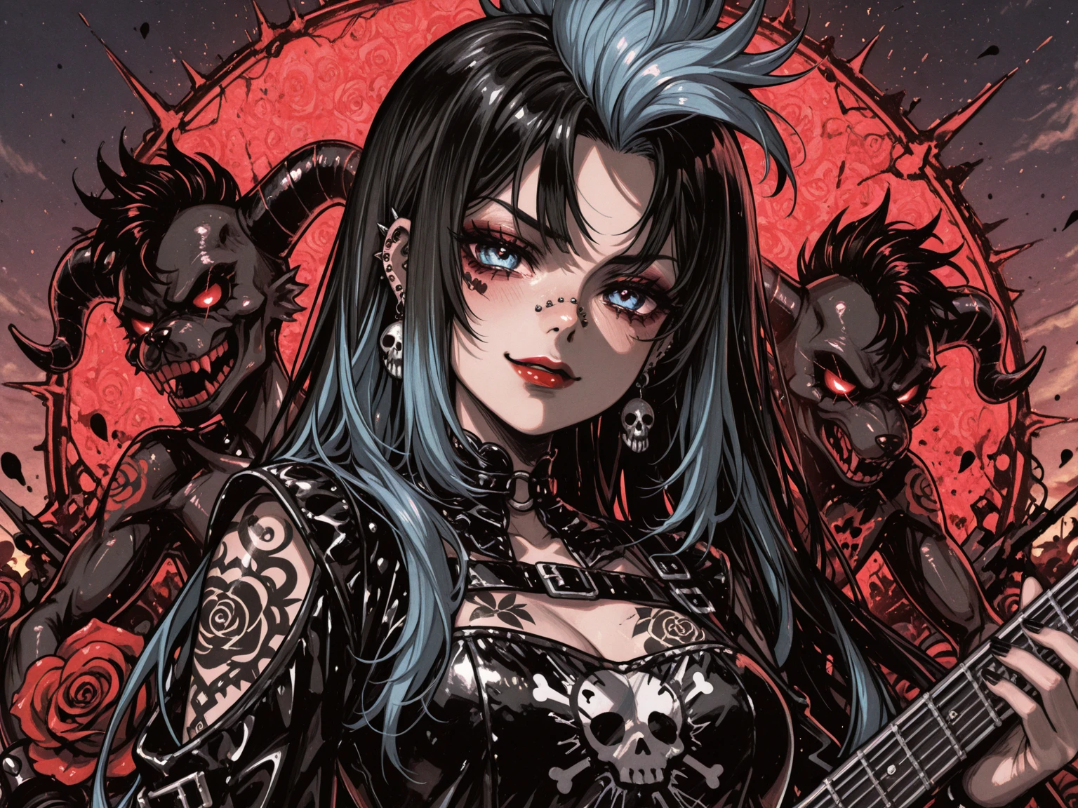 Girl,pointy ears,red eyes,dressed in armor,vampire,4k, holding a guitar