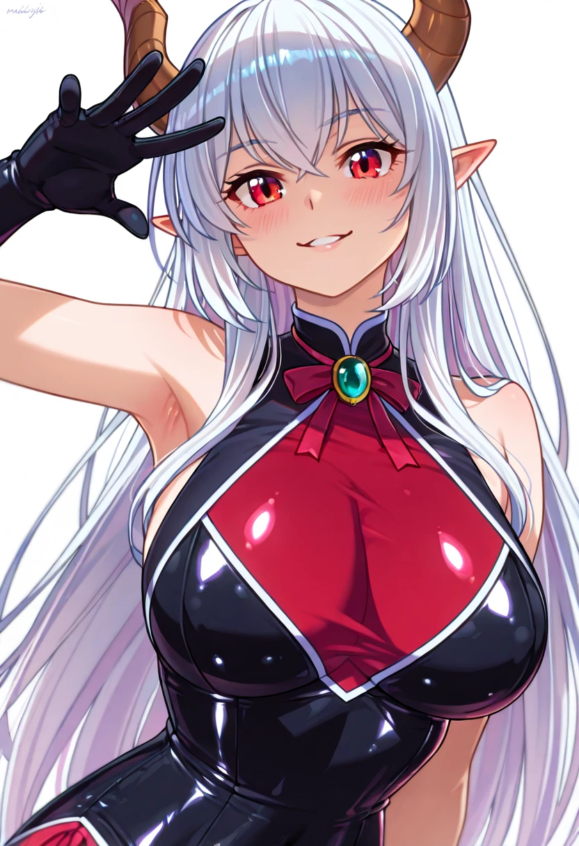 (masterpiece, best quality),dark elf,((dark skin)),long hair（silver hair）,large breasts（slender body）,((put one hand on hips)),hairs between eyes, crossed bangs,ruby red eyes,small eyes,white  Leather light clothing,evil smile,battle aura,Index finger pointing up（magic spell）,