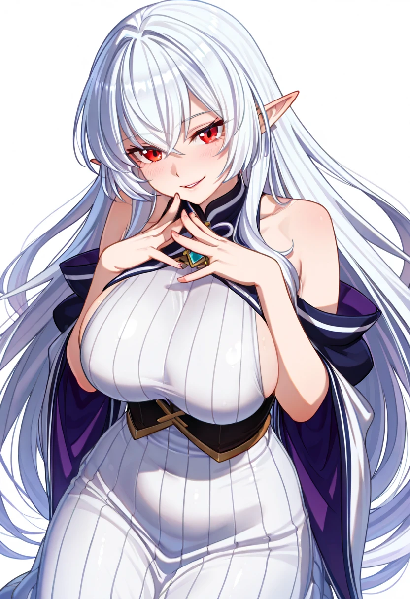 1girl,20s,solo,white short dress,white hair,long hair,elf ears,horns,white pantyhose,cleavage,red eyes,gold tiara,((no background)),talking,happy,smile,open mouth,profile,hand_on_own_cheek,looking to side,head up