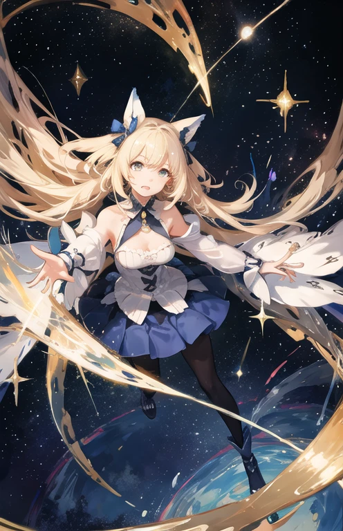 Accompanied by a cute cat、((magical little girl)), ((Gorgeous starry sky background)), ((ultra-definition)), ((Best Illustration)), ((cinematlic lighting)), dynamic ungle, floating, filigree, (Glitter:1.2 )、(brilliance:1.2)、(brilliance:1.2)、classic、(painted:1.1)、(Sketched:1.1)、(top-quality)、(​masterpiece:1.2)、(Anime style)、(独奏)、Beautiful detail face、(cute  face:1.3)、(big eye:1.3)、colourful hair、(length hair:1.2)、(Floating hair:1.2)、(Magical Girl Costumes)、detailed costume、(Shining wand:1.3)、(Magic Effects:1.3)、(flowing skirt:1.2)、(Cute boots:1.1)、(Transparent raw land:1.1)、(shimmer:1.2)、(Glow:1.2)、(brilliance:1.2)、(flickering:1.2) , (Dazzle:1.2)