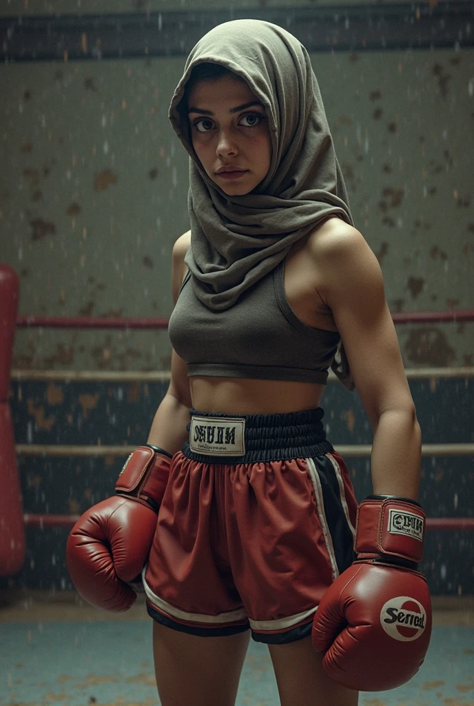 a sserafimsakura, hyper realistic, lifelike texture, dramatic lighting, Nikon RAW photo, 8k, Fujifilm XT3,masterpiece, best quality, realistic, (photorealistic:1.4), ultra detailed, extremely detailed face, solo,1 malay hijab girl, wearing hijab,standing, (boxing gloves:1), (boxing ring), (smile:1), pink boxing outfit, ( mira filzah:1.2 ).