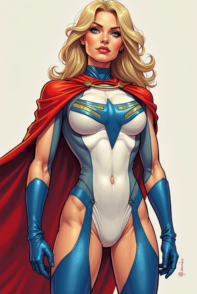 The character Power Girl, perfect and traditional costume, White costume shirt, bright blue yes, red cape, blond hair, smooth curves, extremely beautiful e realistic anatomy, beautiful smile, hyperrealistic anatomy