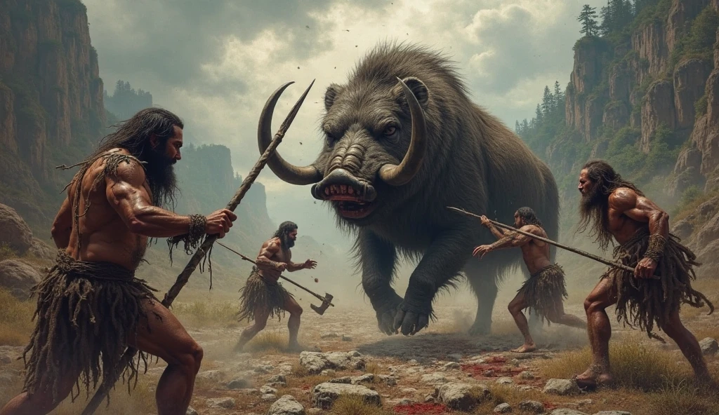 Vikings fighting a bull in the forest