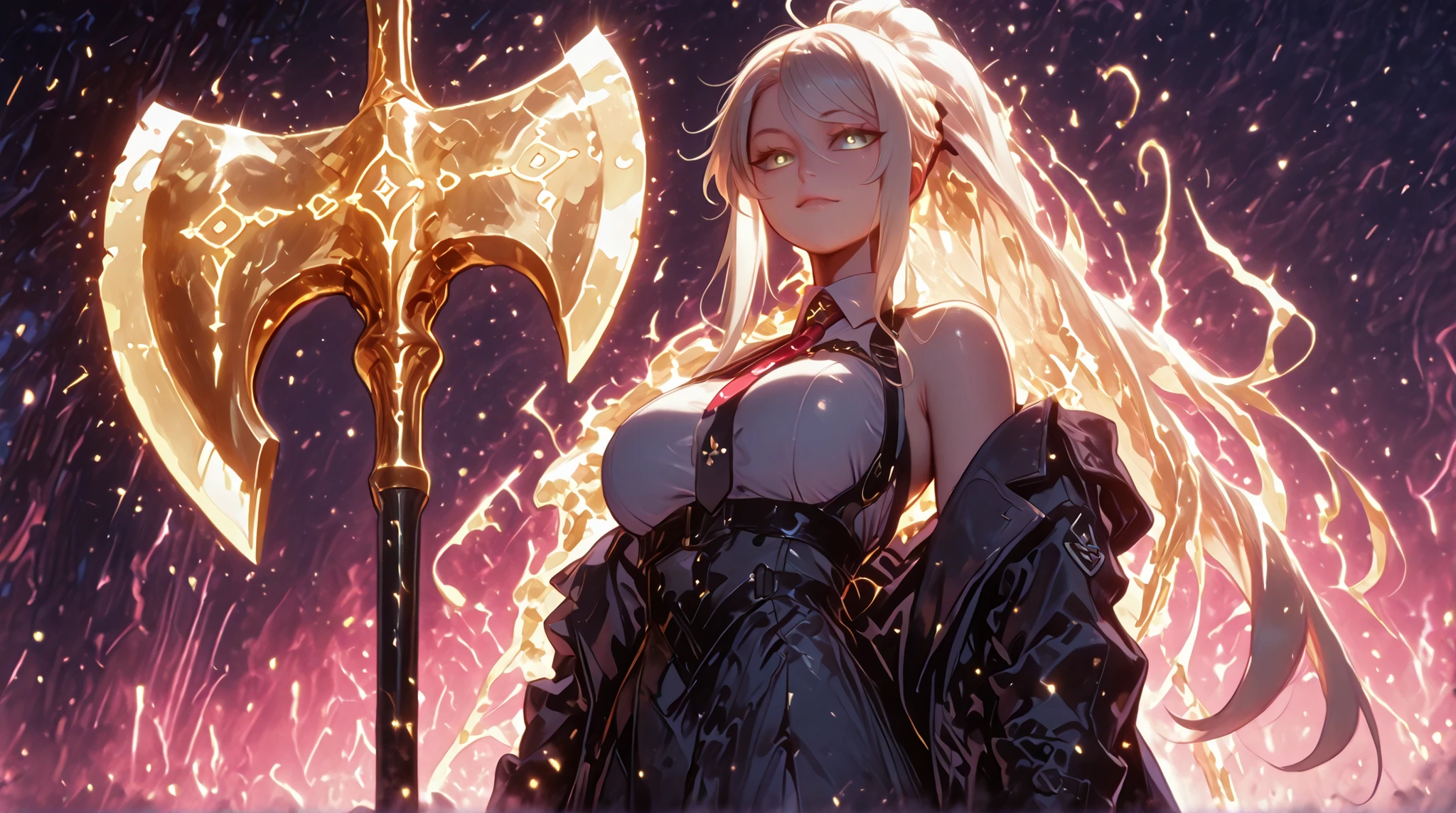 A young female character, with the same height and body type as Mash from Fate Grand Order. She has long blonde hair tied in a ponytail like Artoria Pendragon Ruler from Fate Grand Order, and the same facial features as Artoria Pendragon Ruler from Fate Grand Order: green eyes, but with a provocative and confident smile. She wears a black military uniform with a black skirt. This uniform is very detailed, with gold medals and symbols, a red tie, and a red military "cap" on top of her head, tilted slightly to the side. Her pose is bold and confrontational, looking directly at the viewer with her head slightly tilted, shoulders back, and an expression full of confidence. The overall style should be detailed and colorful, matching the rendering quality, but with a cyberpunk touch and a younger feminine appearance, the character is holding a gigantic battle axe whose blades are disproportionately large, being much larger than the character's entire height, she wears a black military coat, very detailed, full of medals, the coat is falling down her arms, leaving her shoulders exposed, the character has large breasts and butt, giant black axe with gold details, the character has large breasts and butt, golden metallic runes on the shoulders and arms, in a fighting position as if attacking an enemy, the character must be facing the observer (screen), the character is standing, in attack position, the character is standing, in attack position.