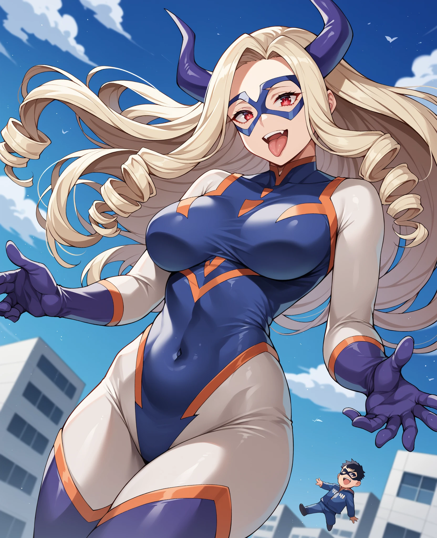score_9, score_8_up, score_7_up, source_anime, rating_explicit, highres, open mouth, (1girl, solo:1.5), ultra-detailed, retro artstyle, HAND, (smile), (masterpiece, best quality, very aesthetic, ultra detailed), intricate details, 4k, anime style anime coloring, Kamen America, (Blonde hair, blue eyes, breasts, jewelry, domino mask, bangs, long hair), (thighhighs, gloves, bare shoulders, dress, zettai ryouiki, cleavage cutout, yellow sash, boots, elbow gloves, belt, fingerless gloves, star \(symbol\), leotard, clothing cutout, covered navel, thigh boots, wrestling outfit), (large breasts), (22 years old), (sitting on bench, spread legs), (outdoors, day, building, street, road),((leotard aside, pussy:1.5)), 