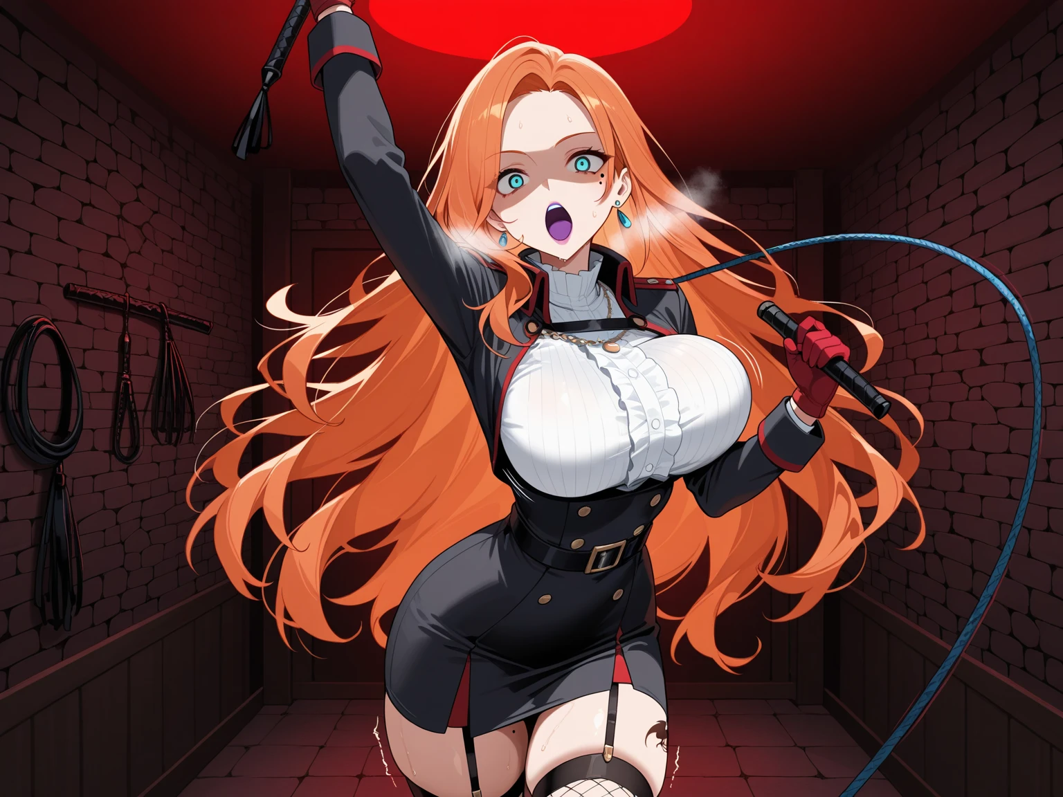 Latex girl lustful smirking smile red blush red cheeks, chain leash, kneeling, shackles, leather black collar slave, dog ears, fluffy dog ears, hands on glass breasts on glass ass on glass window fog water drop