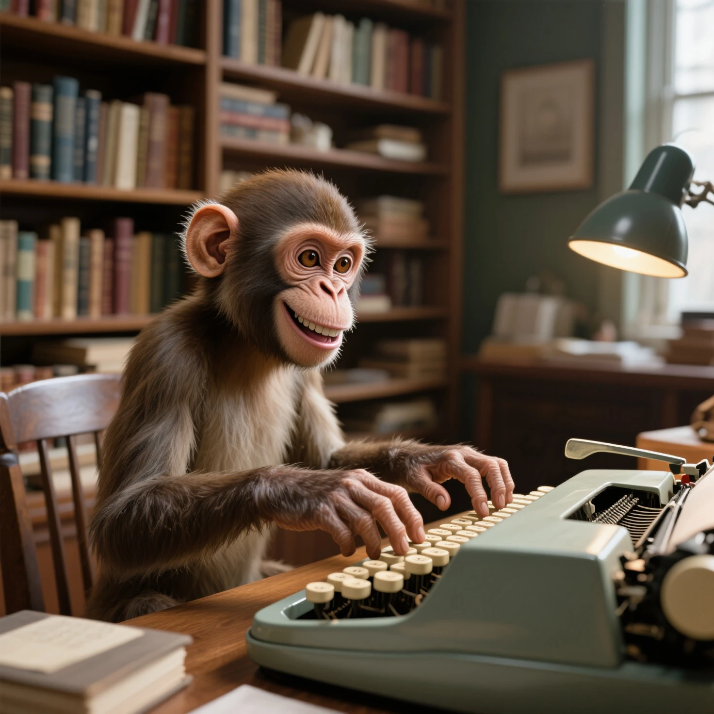 a office full of monkeys writing on typewriters, high quality photography, 3 point lighting, flash with softbox, 4k, Canon EOS R3, hdr, smooth, sharp focus, high resolution, award winning photo, 80mm, f2.8, bokeh
