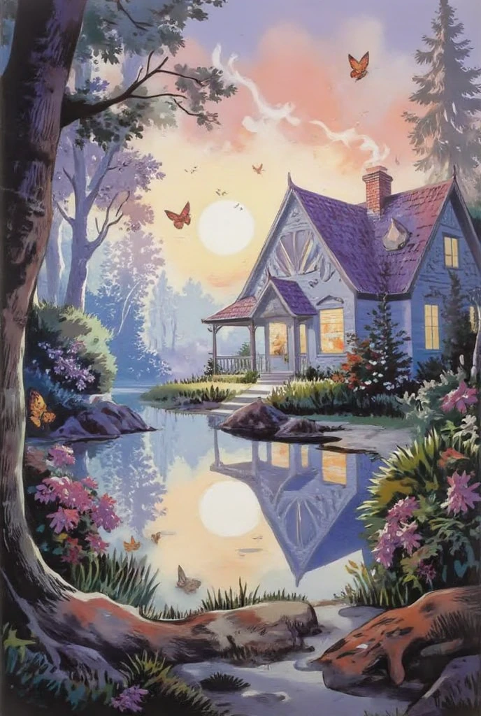A dreamy fantasy-style morning in nature — soft pastel sky with hints of pink and lavender, gentle light beams passing through enchanted forest trees, butterflies fluttering around glowing flowers, a calm lake with magical reflections, and a cozy cottage with smoke curling from the chimney. Whimsical and peaceful vibe, like a fairy-tale sunrise. Soft brush strokes, glowing highlights, and a warm, magical atmosphere.
