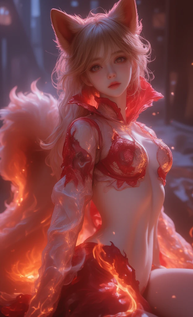 Mythical white fox with nine tails, Look directly at the viewer,Red tattoo on white body high resolution, Gaze,