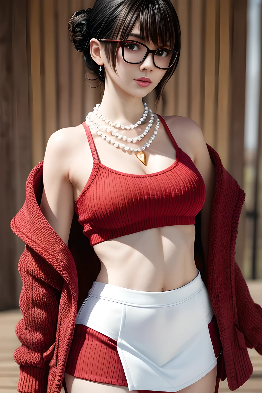 masterpiece, best quality, 8k,highestres, absurdres, extremely detailed, female monkey d luffy, 1girl, solo, looking at viewer, short hair, medium breasts, navel, cleavage, collarbone, earrings, midriff, pants, coat, fur trim, red shirt,straw hat ,short jeans