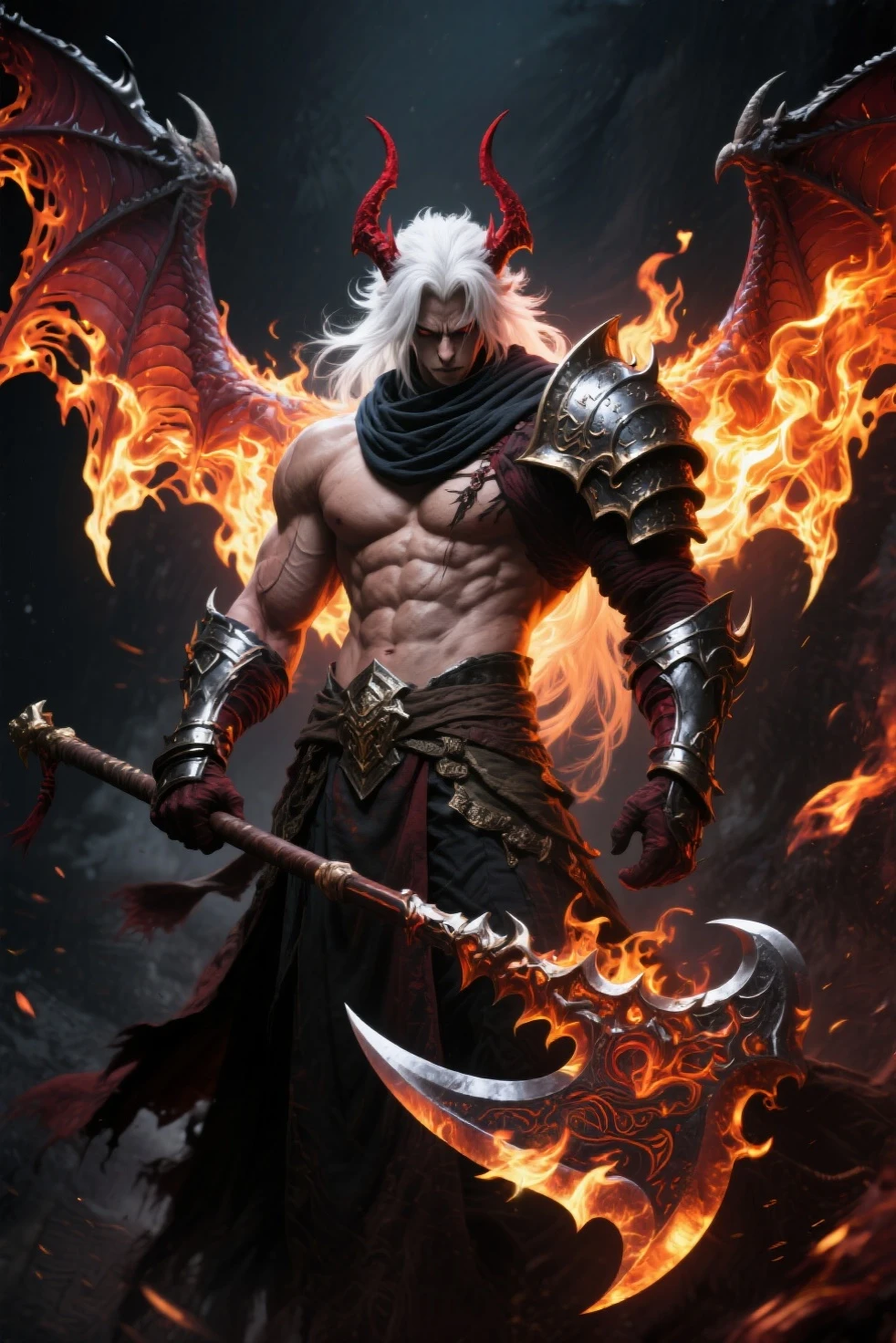 Messenger of Hell、Glaring at him with red eyes、Sharp eyes、long white hair disheveled,、Strong body、Devil tattoos all over the body、In his hand is a sharp Japan sword、On the chest is a wound received from the Demon King、Bearded face