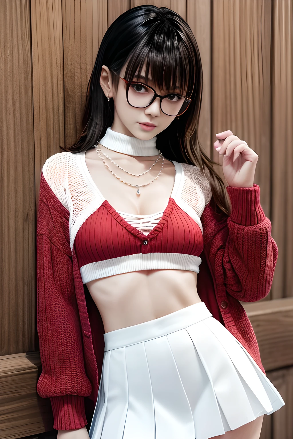 High quality masterpiece full HD 20k sensual perfect body without anatomy errors beautiful and perfect face slim body small round breasts small butt, una chica linda latina virgen ( perdera su virginidad) 18 years old, short red hair, tousled with light eyes, glasses, dressed in a sailor uniform with a red tie with sleeves, showing her navel and her beautiful waist, with a short red pleated skirt inside, she has black underwear while she is with her legs open and bent lying on a bed in a house while she has one hand on her waist and the other on her head tying her hair while she makes a face of innocence and bold blush looking directly at the viewer biting her lip wanting the viewer takes off her short skirt (vista enfocada en su falda ) vista desde enfrente de lado