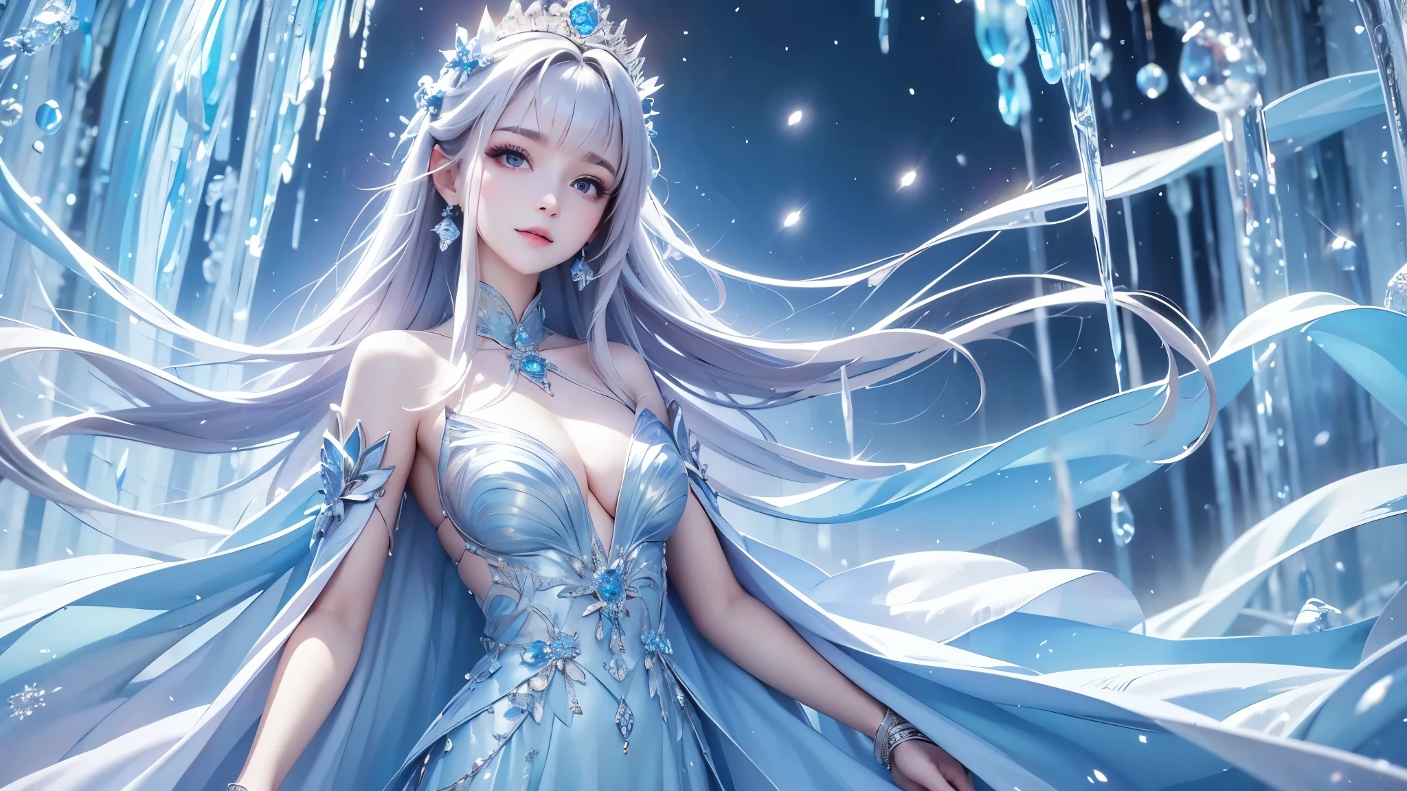 (1/2 body photo:1.5)wood, Exquisite mini ice spikes and crystals, Frozen waterfall in the background, Light reflected by ice crystals, Flowing snowflakes.1 girl、pretty girl,A realistic person,Beautiful cleavage,((small breasts)),Thin legs、tight hips、standing、Long dress
