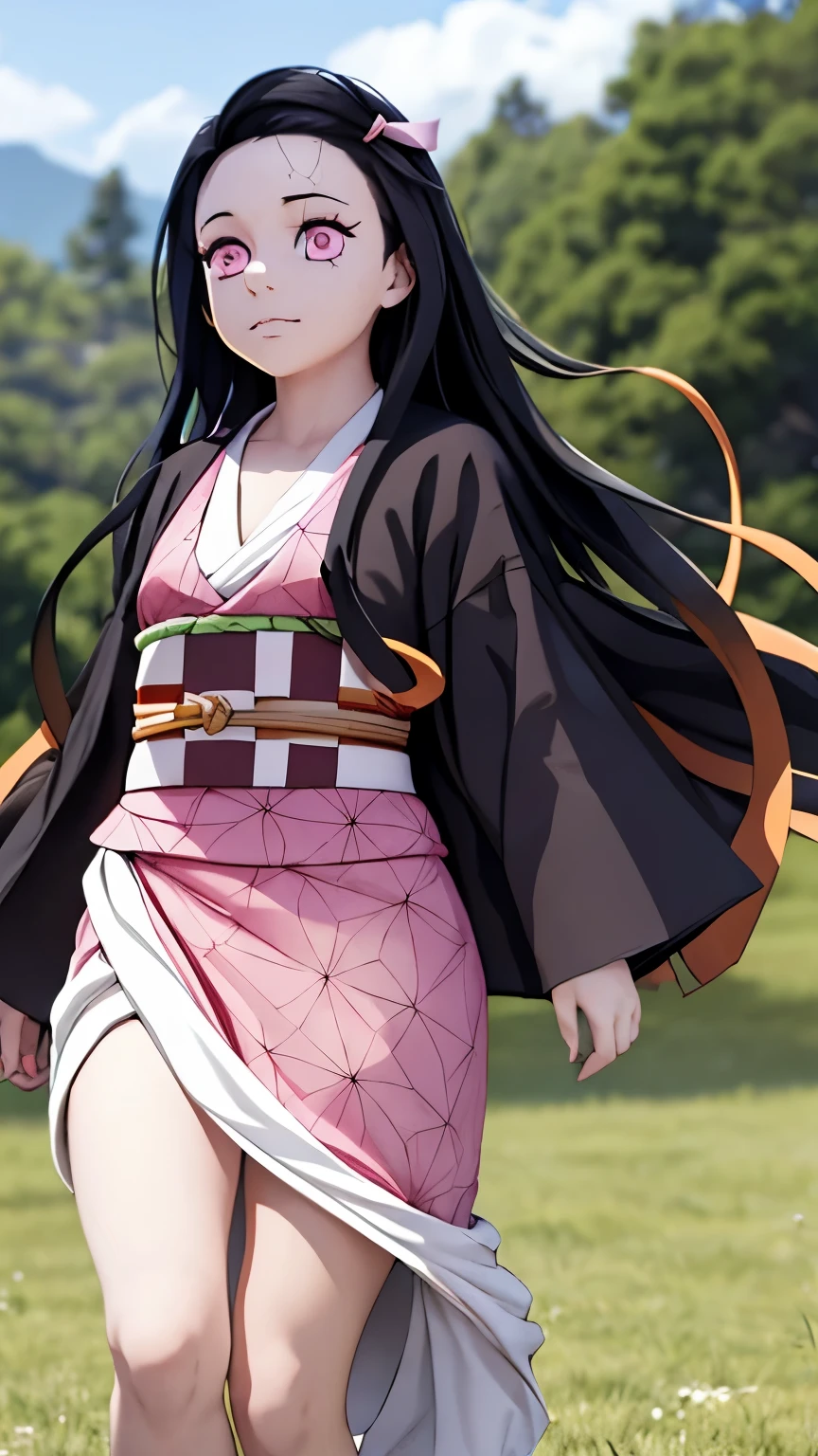 A stunning 3D CGI render of a young anime-style girl walking barefoot on a sunlit grassy field, highly detailed, realistic skin and hair. She has long wavy dark brown hair with burnt orange gradient at the tips, flowing gently in the breeze. She wears a torn pink kimono with a traditional geometric hemp leaf pattern, layered with a black haori jacket that has tattered sleeves. A red and white obi belt is wrapped around her waist, loose and slightly disheveled. A broken bamboo muzzle lies on the grass near her feet, suggesting she dropped it. Her expression is gentle and innocent, with large expressive pinkish eyes and a subtle, warm smile. The background features rolling hills, stone walls, and a pastel sky with soft clouds. Sunlight filters naturally, creating a cinematic glow with soft shadows. Dynamic pose, mid-step, skirt fluttering. 3D anime-style rendering, hyper-realistic lighting, ultra quality, shallow depth of field, dramatic sunlight, highly detailed clothing and textures, inspired by Demon Slayer Nezuko.