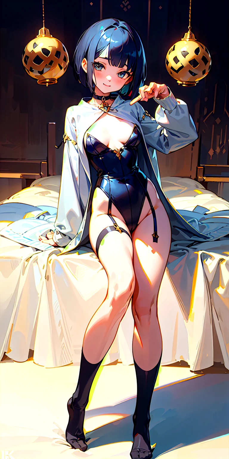 (Masterpiece),Best Quality, ultra-detailed, perfect hands (Delicate finger expression),perfect legs, Delicate eye expression, delicate face expression, black pajamas, see -through, 1Girl(Rinko Iori, Sexy, Slender and sexy body, Big, saggy boobs, dark blue hair), Solo, We see viewer, Full body, bedroom, dark light,Standing, Bewitching pose, wicked smile,Sexy waist teasing,