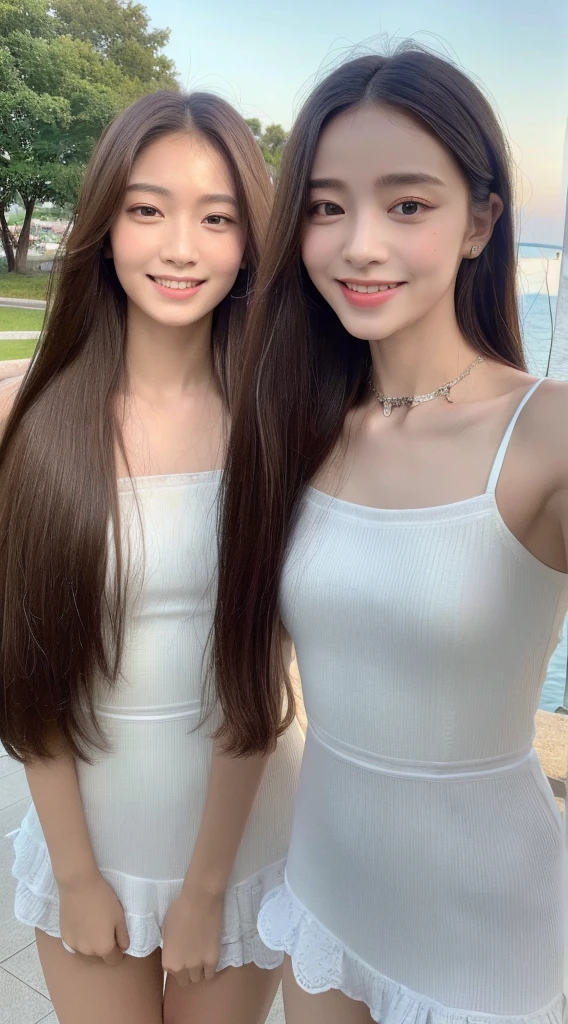 26 year old,Chinese woman,At a 15-degree angle to the lens,Long straight hair,Look at the camera,Toothy smile,White sleeveless top,Bust photo