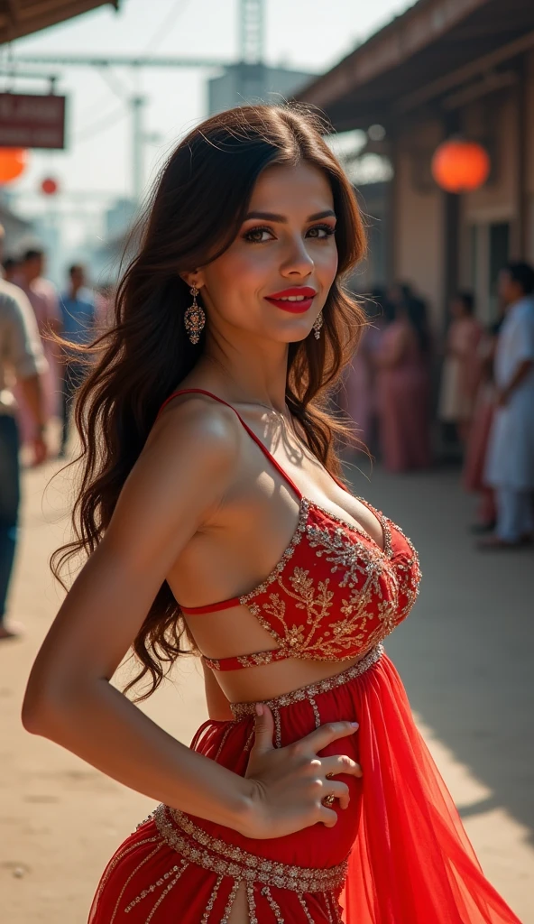 Gorgeous Bollywood supermodel, upper half body of (A hyper-realistic), big breast, Big cleavage, (illustration), (high resolution), (8K), (highly detailed), smile, smiling, (The best illustration of beautiful detailed eyes), (top-quality), (ultra-detailed), (masterpiece), (beautiful attractive face), long hair, Earrings with bangs, ((25 year old Indian beautiful girl)), (((wearing traditional sari ))) , (((Glamorous body))) , Elegant Pose, Seduction pose, Looking at the camera, shopping mall in background, shop in background