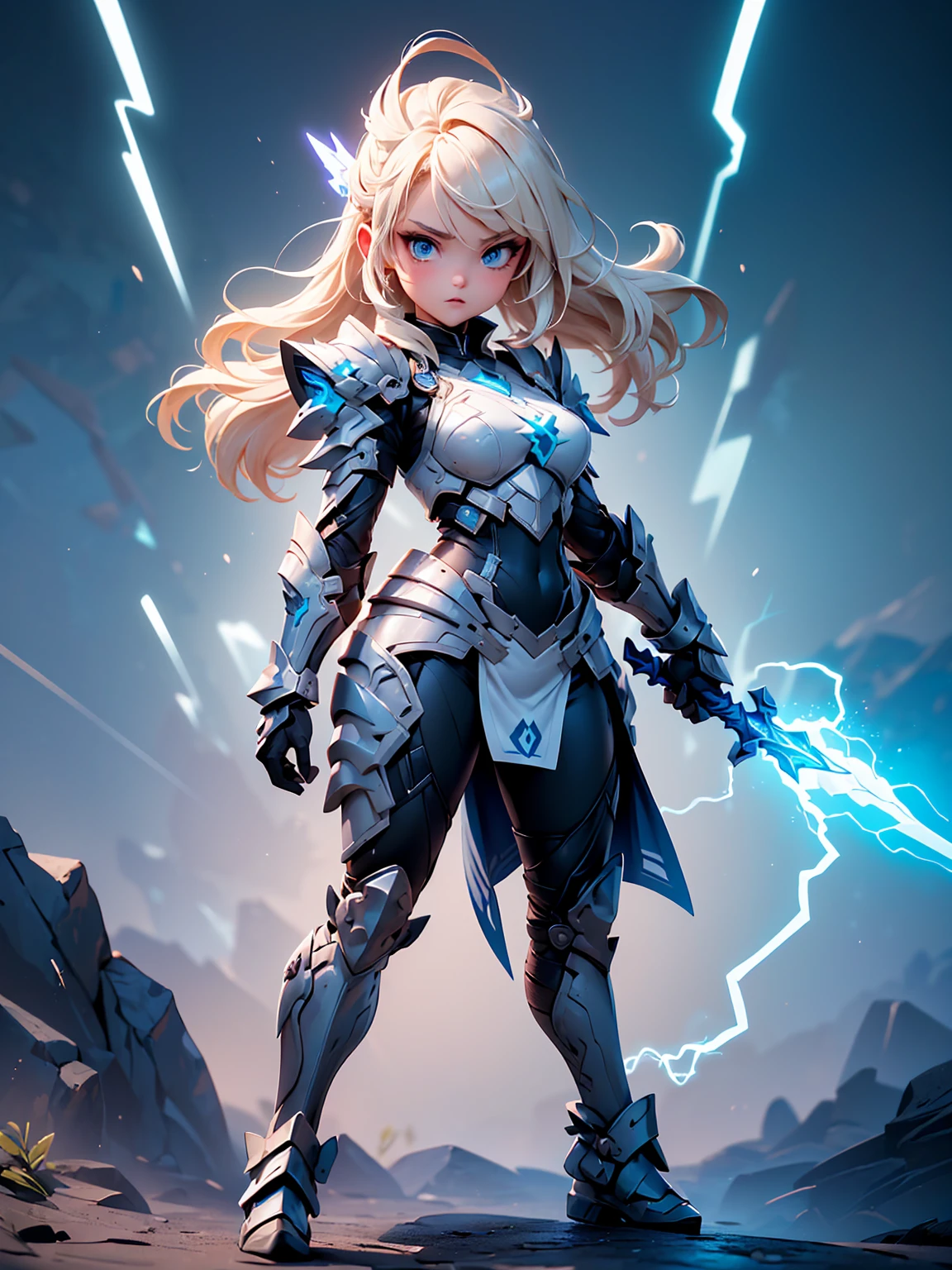 (((masterpiece, best quality 16k)))((full body shot)) of a girl in electrifying, futuristic armor with sleek silver and blue accents, standing in a stormy, electrified sky. She has short, spiky platinum blonde hair and piercing, electric blue eyes. Her skin has a faint, radiant glow, and she is adorned with intricate lightning bolt motifs. She holds a magnificent staff crackling with arcs of lightning, emitting a powerful, electric aura. The atmosphere is {charged|awe-inspiring}, with thunderclouds and bolts of lightning illuminating the scene. The ground beneath her is charged with static electricity, creating a shimmering effect and adding to the electrifying ambiance. Surrounding her are swirling storm clouds and bursts of lightning in shades of {blue|white}, casting a dynamic, electrical glow. The background features towering, swirling storm formations and glimpses of a distant, lightning-lit castle, hinting at a kingdom ruled by thunder and lightning. The scene is intense and majestic, with her face showing a confident yet serene expression, her eyes focused intently on harnessing her power. [Best quality], [Masterpiece], [Ultra-detailed], [4k], {charged|awe-inspiring} atmosphere, stormy sky, {dynamic pose|commanding pose}, electrified illumination, {soft shadows|dramatic lighting}, {charged ground:0.7}, {swirling storm clouds:0.6}, {bursts of lightning:0.5}, {storm formations:0.4}, {lightning-lit castle:0.3}.