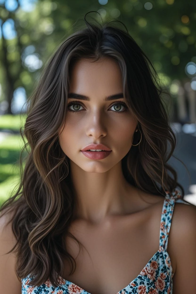 Natural photography of a beautiful girl, wearing a loose crop top, leaning over, long flowing hair, big bust, locks eyes into the camera, symmetrical eyes, symmetrical face, photorealistic, photography, path tracing, specular lighting, volumetric face light, path traced hair, visible shadows, intricate, elaborate