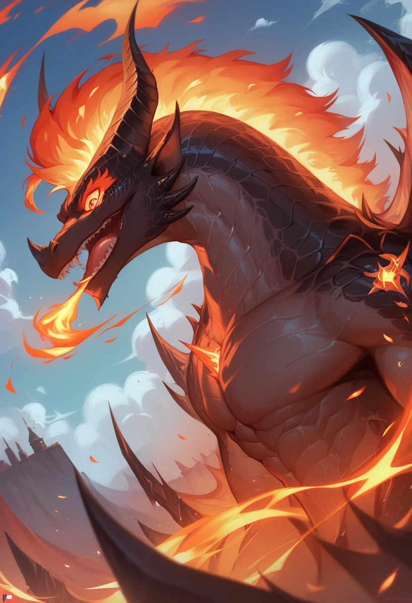 Black dragon flying in the sky, ((feral)), (((fire breathing))), epic realism 