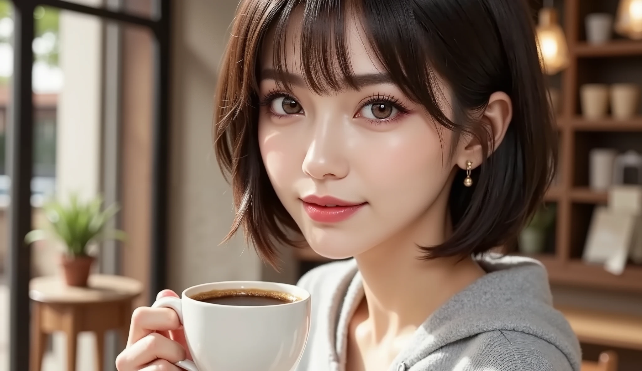 cafe table, cup , one Japanese woman, Fluffy look, bright smiles, short short hair that will distract your eyes,((long slant eyes)),Foxy face,