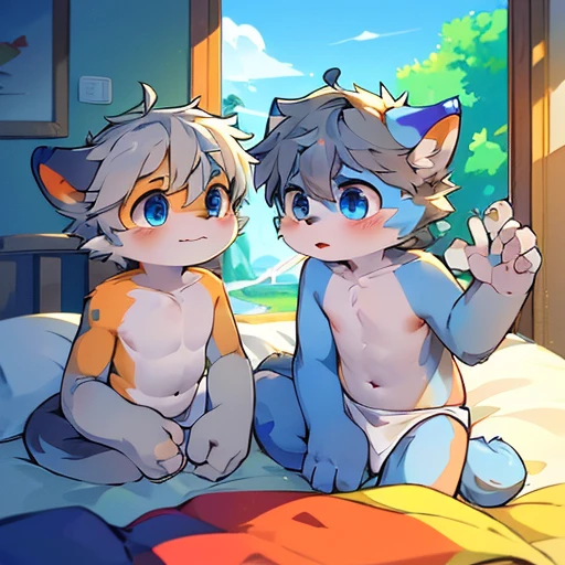 Masterpiece,High quality,abstract res,Digital painting\(artwork of a\), by Dagasi, Yupa,Kiyosan,(anthro,Fluffy fur,Character focus:1.1),anthro male cat,Short hair,Portrait , eyes with brightness, in a panoramic view, Character focus.(detailedbackground:0.7), 独奏, shaggy, shaggy male, malefocus, anthr,(Full Body Furry, Fluffy tail, White fur, Ice blue eyes, Gray hair、Ice blue meat pad:1.2), (felid、Briefs、get down on the bed、Elevate your ass、Stick out your tongue、Eyes are confused：1.2），（interiors、In the daytime、inns：1.1）